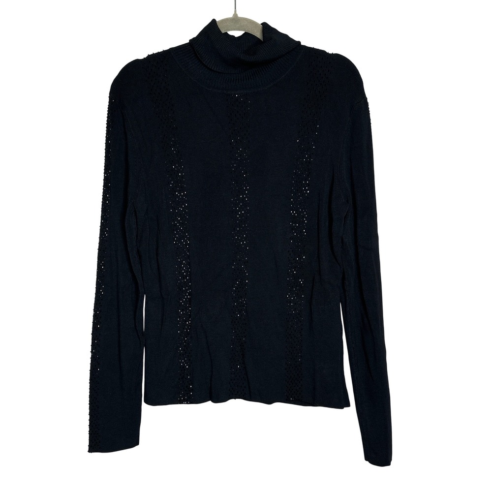 YUKA Black Embellished‎ Mesh Detail Turtleneck Sweater Top Women